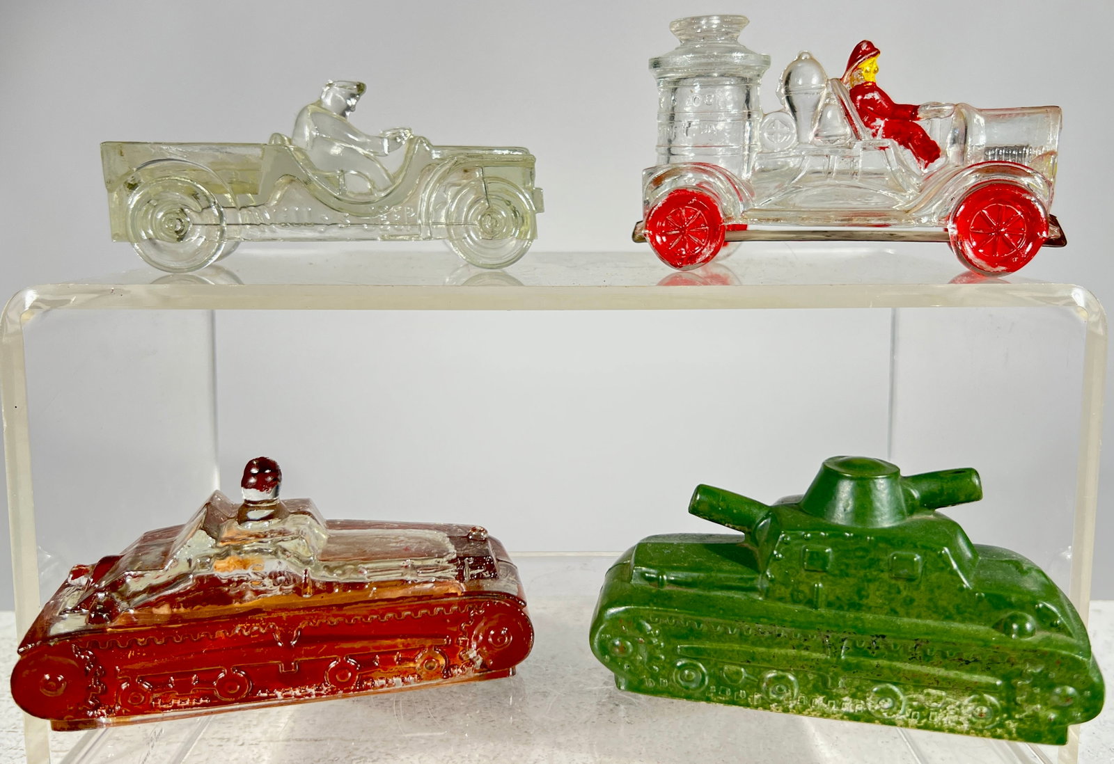 Tanks / Jeep / Fire Pumper Glass Candy Containers (1 of 3)