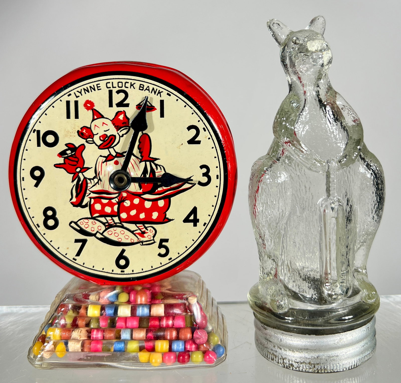 Two Glass Candy Containers and Still Banks - Lynne Clock Bank / Kangaroo (1 of 2)