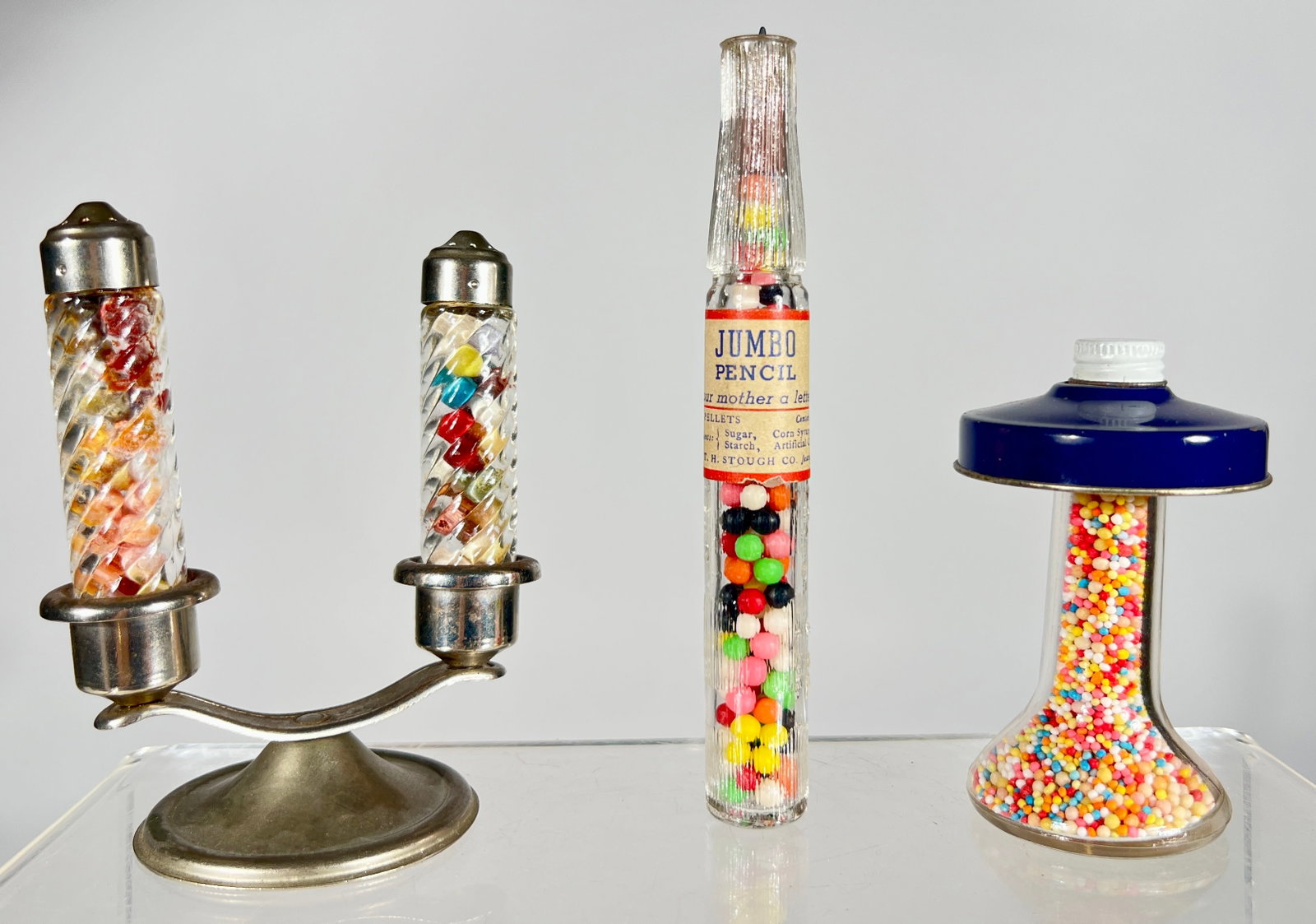 Three Assorted Glass Candy Containers: American 1930/40's - Tallest is 5 1/2" - The Peirce Collection