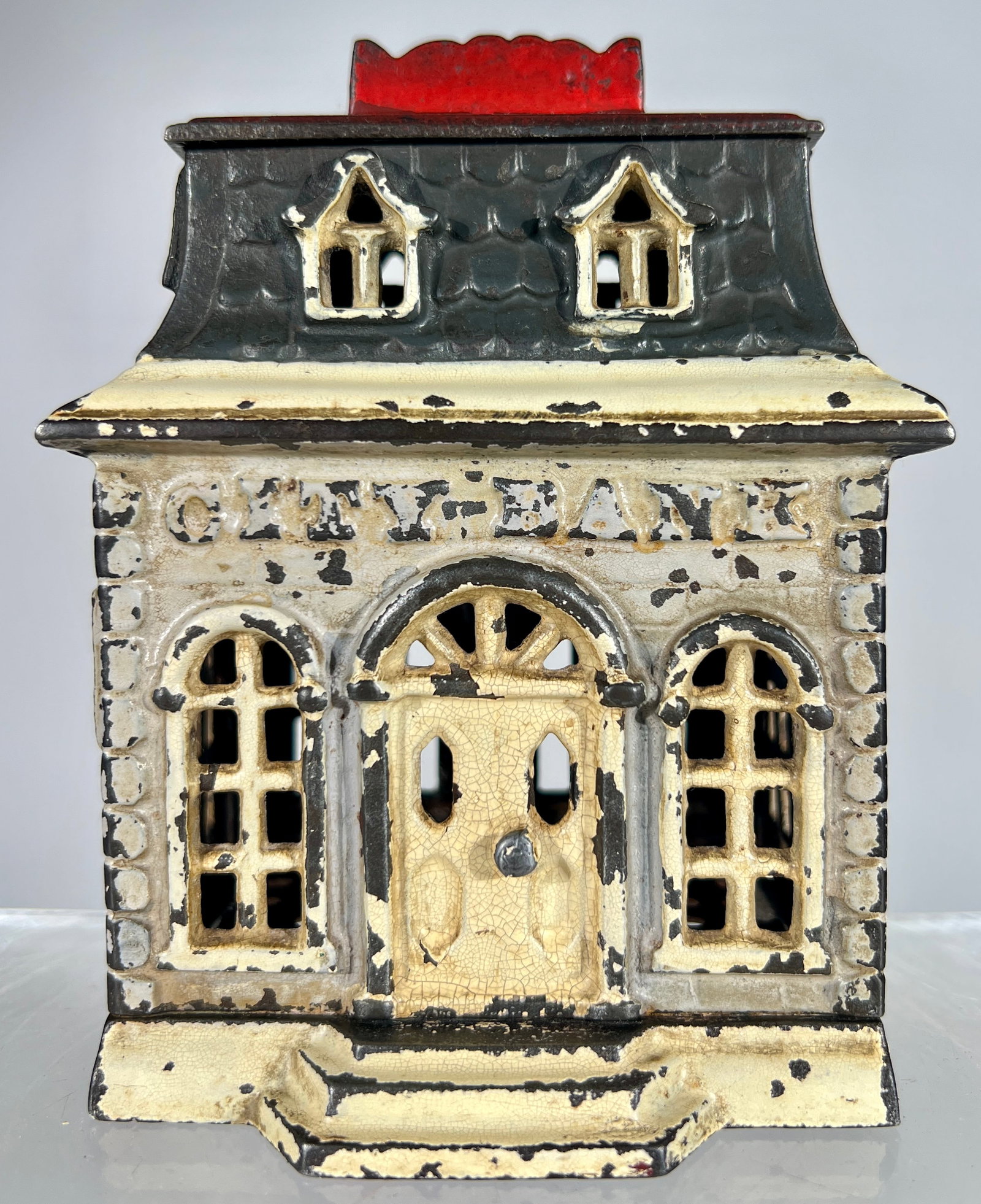 City Bank - Narrow Building - Scarce: J & E Stevens Co. - Cromwell, CT. 1870's - 4 1/4"W x 5 1/4"T