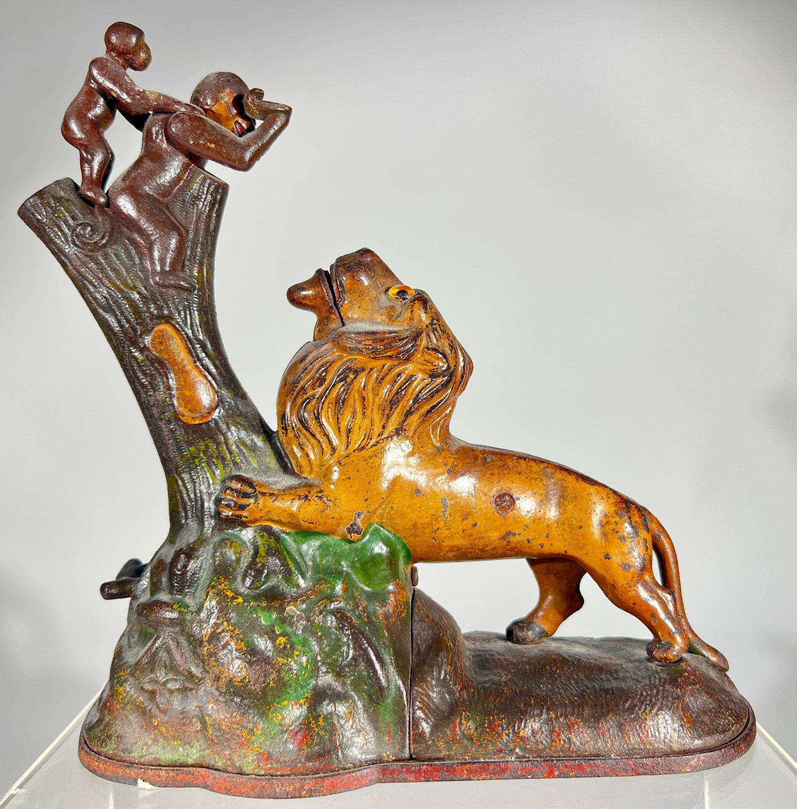 Lion and Two Monkeys Cast Iron Mechanical Bank: Kyser and Rex Co. - Philadelphia 1880's - 9 1/2"T x 10"L