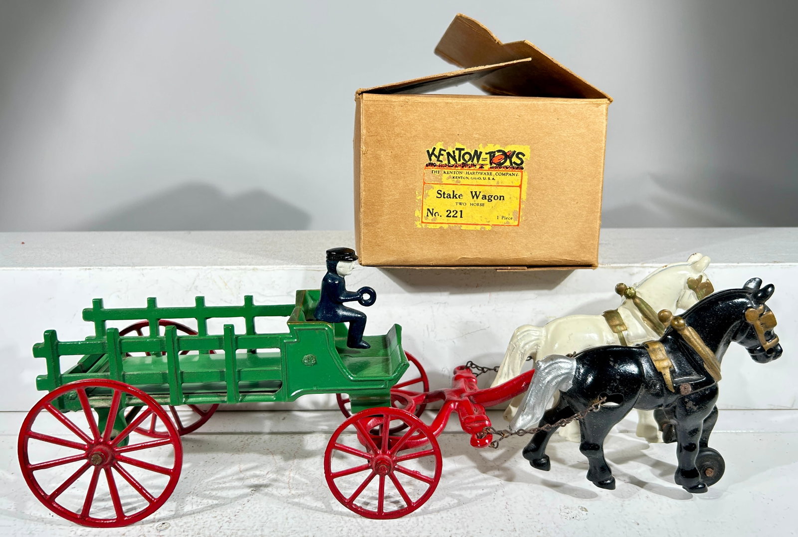 Two Horse Cast Iron Stake Wagon #221: Kenton Toys - Kenton, OH. 1950 - Box is 11 1/2"L x 4"T x 6"D