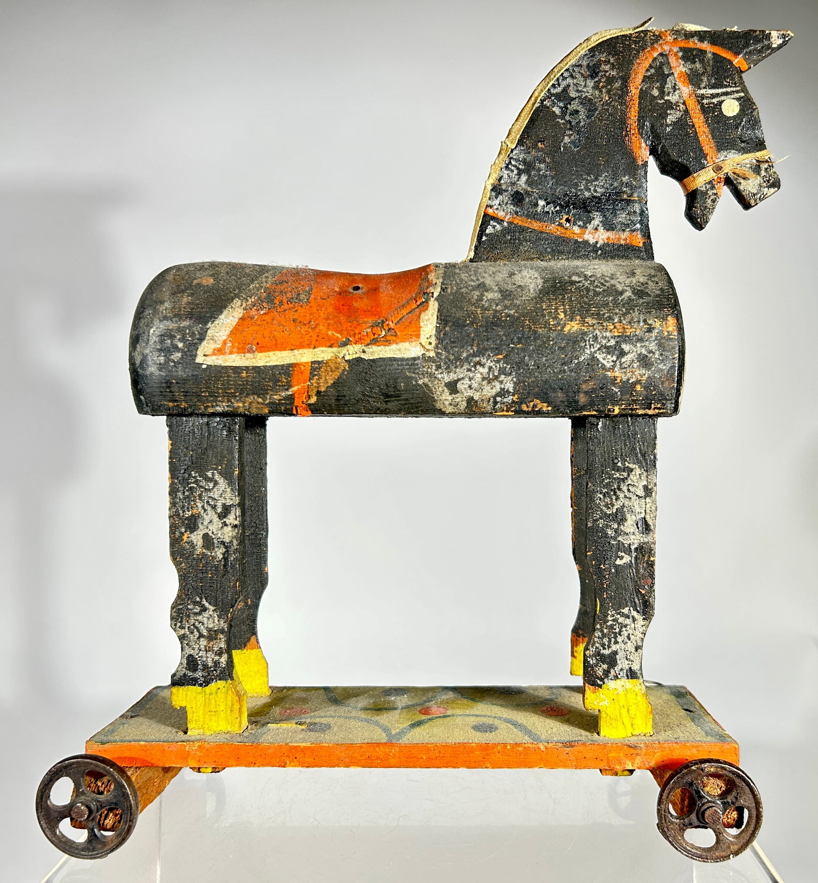 Wooden Folk Art Horse on Platform: German 1920's - 12"T x 9 3/4"L