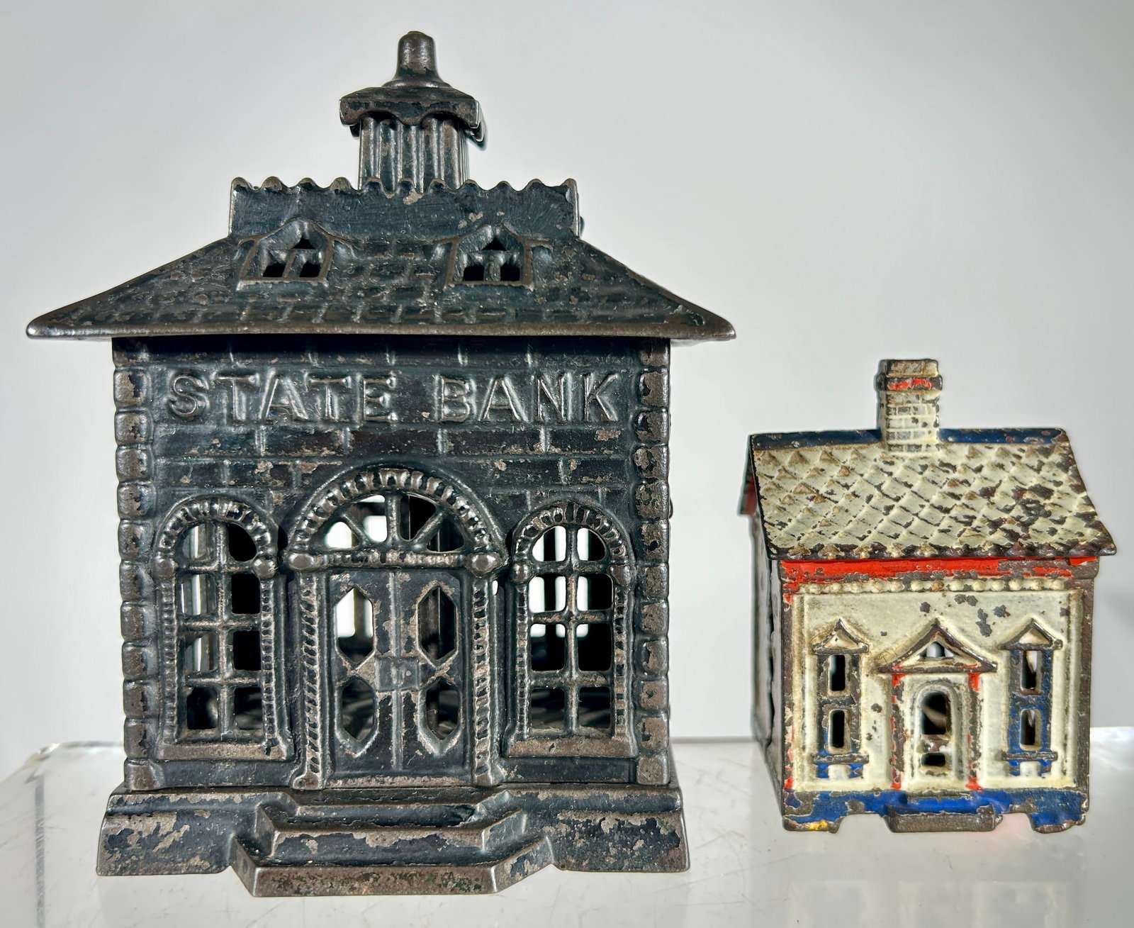 Two Cast Iron Building Banks - Ebony State Bank/ One Story House: American 1880/1900 - State Bank is 5 7/8" Tall