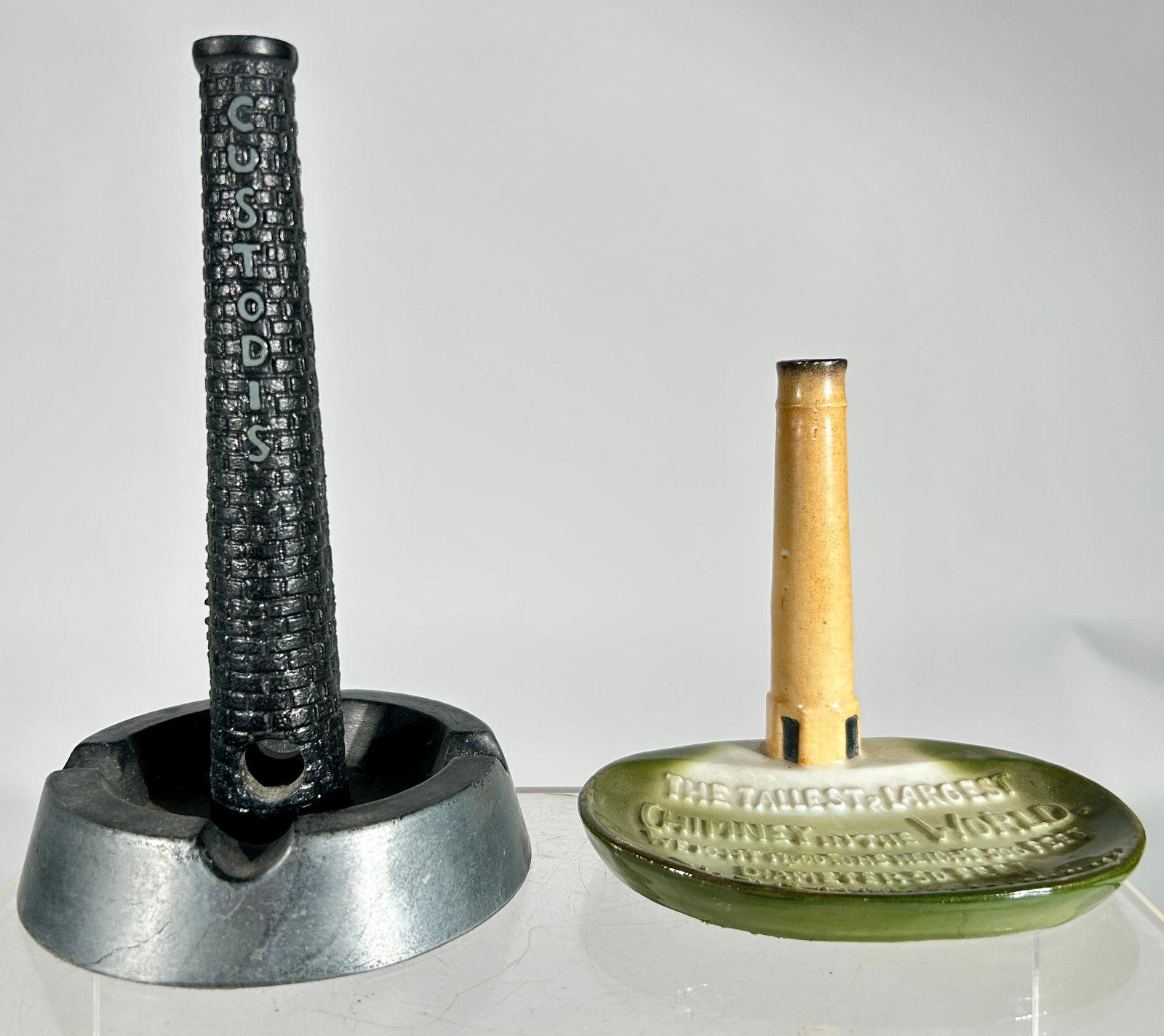Two Ashtray Souvenirs - Chimney/Smokestack Themed/One Porcelain/ One Lead (1 of 2)