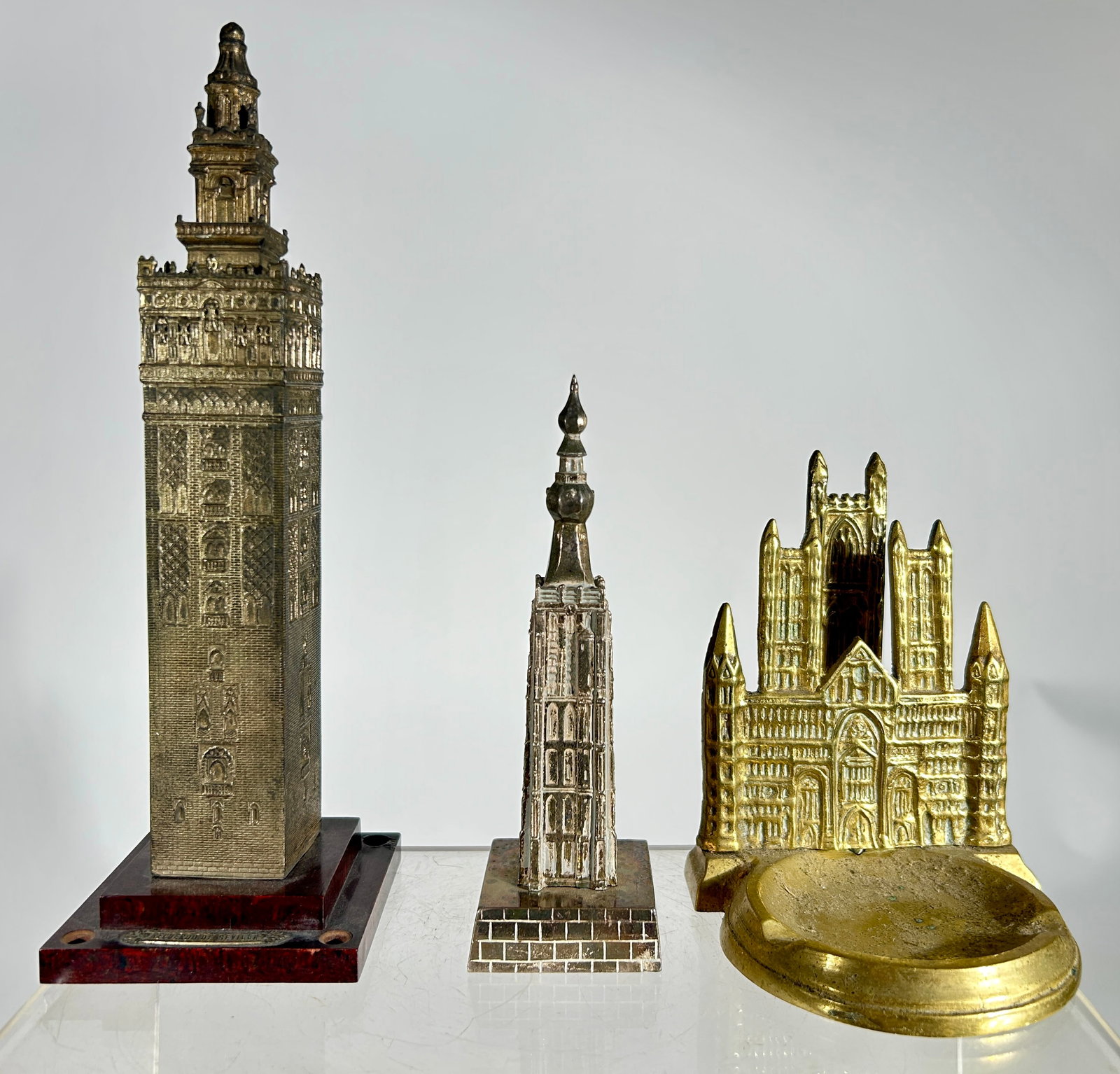 Three European Souvenirs - Two Tin Towers/Brass Church: European 1930's to 1960 - Taller Tower is 9"
