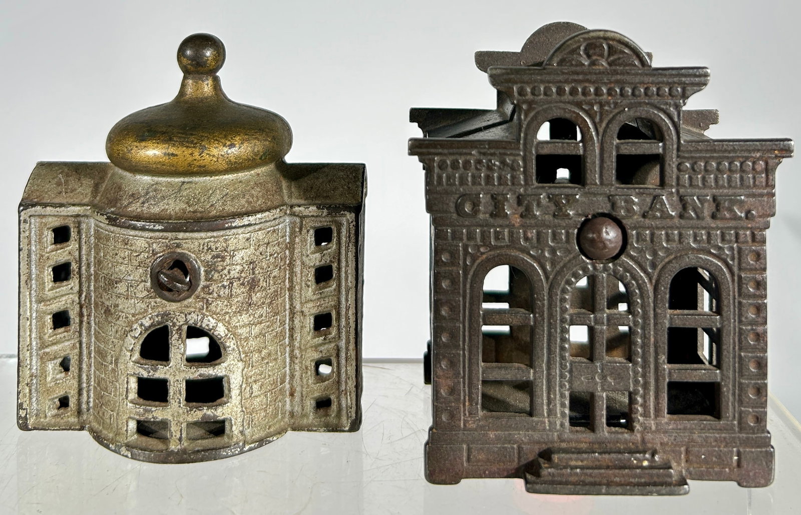 Two Cast Iron Building Banks: American/English 1920's - City Banks is 4 1/8" T