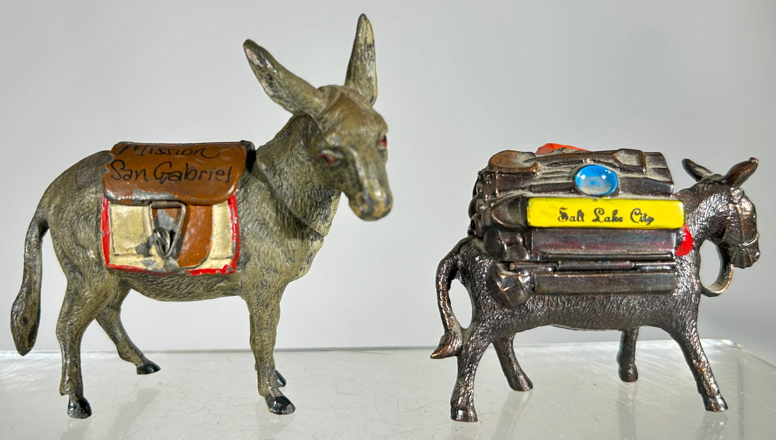 Two Spelter Donkey Banks Both Souvenirs - Salt Lake City / San Gabriel Mission (1 of 2)