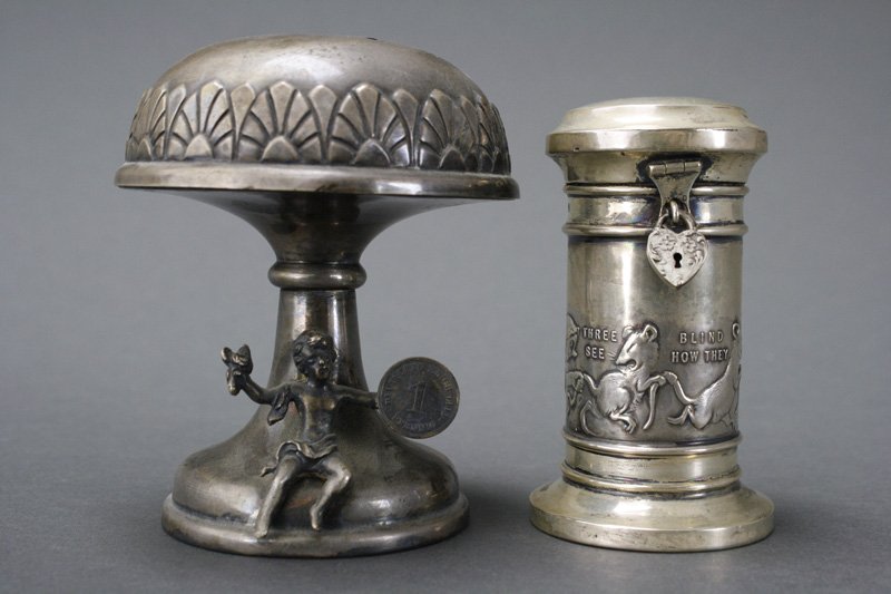 Lot: Cupid with Mushroom and Three Blind Mice Still: Germany and England Respectively • Both Circa 1900 – 1910 The Cupid with Mushroom is #1254 in the Penny Bank Book. The Three Blind Mice is sterling silver and bears the hallmark “CS * FS” an A
