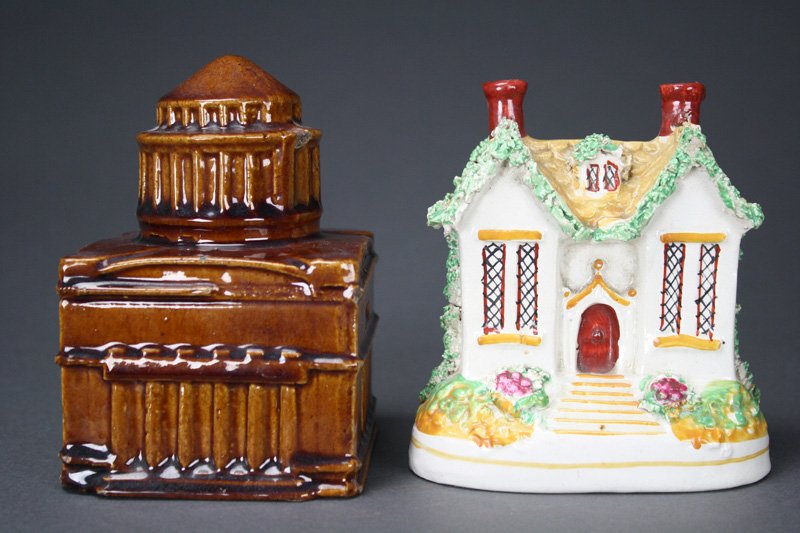 Lot: Two Glazed Ceramic Buildings Still Banks: English - Circa 1920 Material: Glazed Ceramic