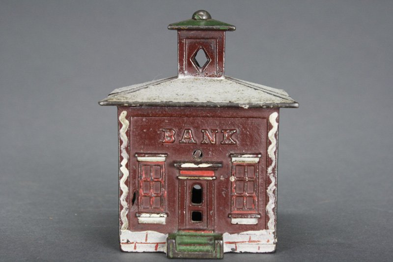 Cupola Bank, Medium Still Bank: J. & E. Stevens Connecticut - Circa 1875 A wonderful example with mica on its roof. Tiny casting blow hole near left window. Material: Cast Iron