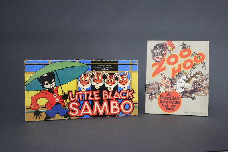 Lot: Two Games / Advertisement: American - Circa 1925-1935 Included are: Little Black Sambo, Zoo Hoo Puzzle and paper litho 2 in 1 shoe polish advertisement. Material: Paper and Board