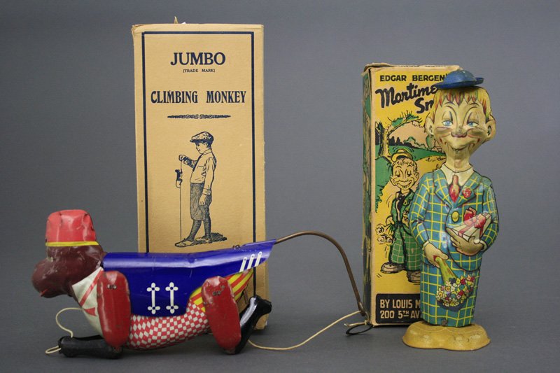 Lot: Mortimer Snerd and Climbing Monkey: Louis Marx & Company New York - Circa 1935 and 1948 Two wonderful Marx toys in good working condition. He is 8" tall and the monkey is 9" tall. Material: Tin