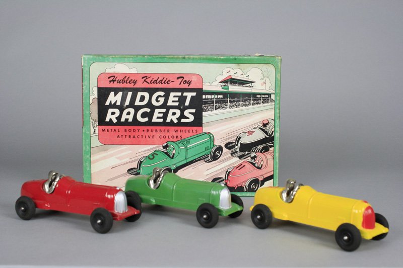 Midget Racers - Kiddie Toy Hubley: Hubley Mfg. Co. Lancaster, Pennsylvania - Circa 1940’s These Midget Racers are 7.25” long and mint in the box. Material: Metal Alloy and Rubber Tires Provenance: Robert Brady Collection