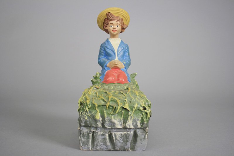 Young Boy Alms Box: Germany - Circa 1910 This is one of the prettiest alms boxes that we have seen. It is very detailed and bright. It is 8.5” tall and works well. Material: Papier Mache, Gesso and Wood