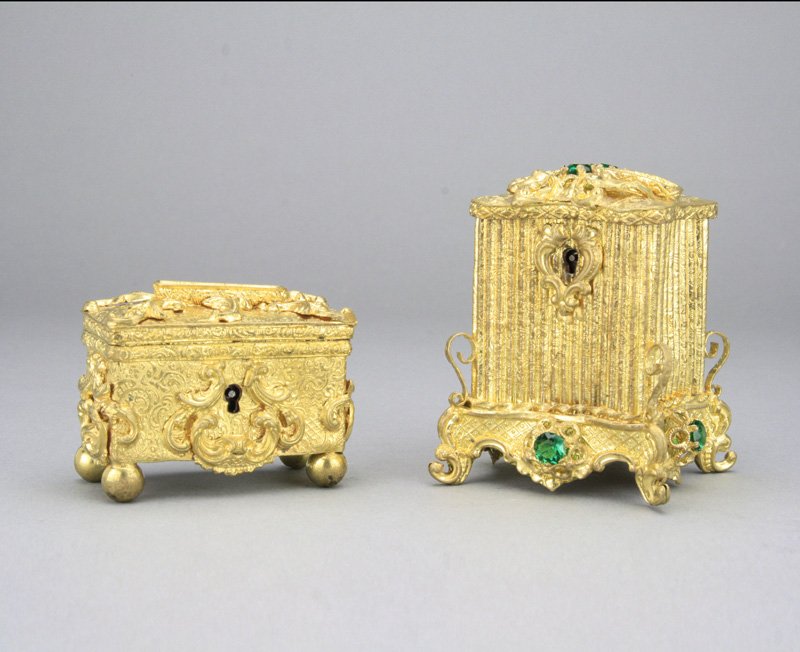 Two Caskets with Gilt Finish: Austrian - Circa 1910 Casket with Jewels is 3 ¼” tall. Material: Gold Leaf over Tin
