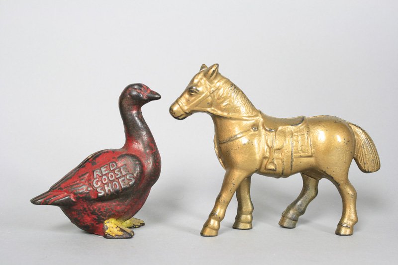 Saddle Horse / Squatty Red Goose Shoes Still Bank: American - Circa 1925 Material: Cast Iron