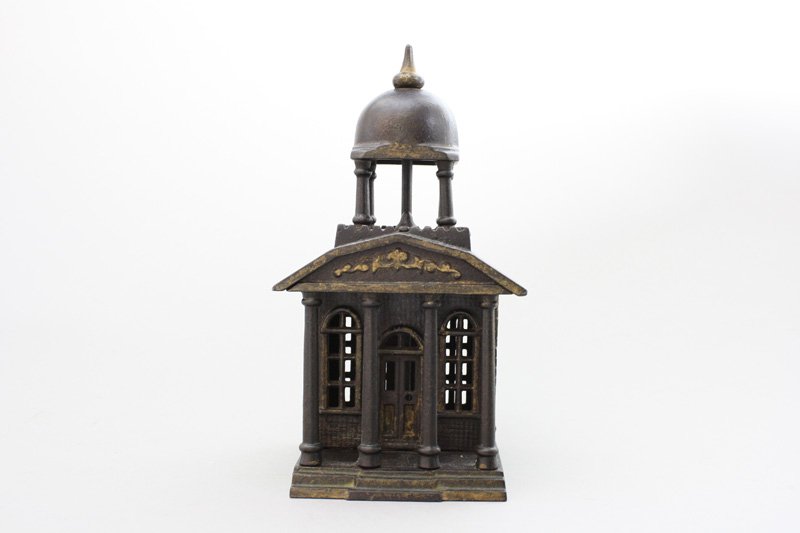 Building with Belfry Architectural Bank: Kenton Hardware Ohio - Circa 1895 - 8” Tall A very scarce and well designed bank. This one has a .5” crack in the roof. Material: Cast Iron