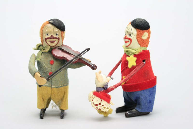 Two Clown Toys Schuco Mfg. Co.: Germany - Circa 1930’s/40’s - 4.25” Tall Material: Tin and Felt
