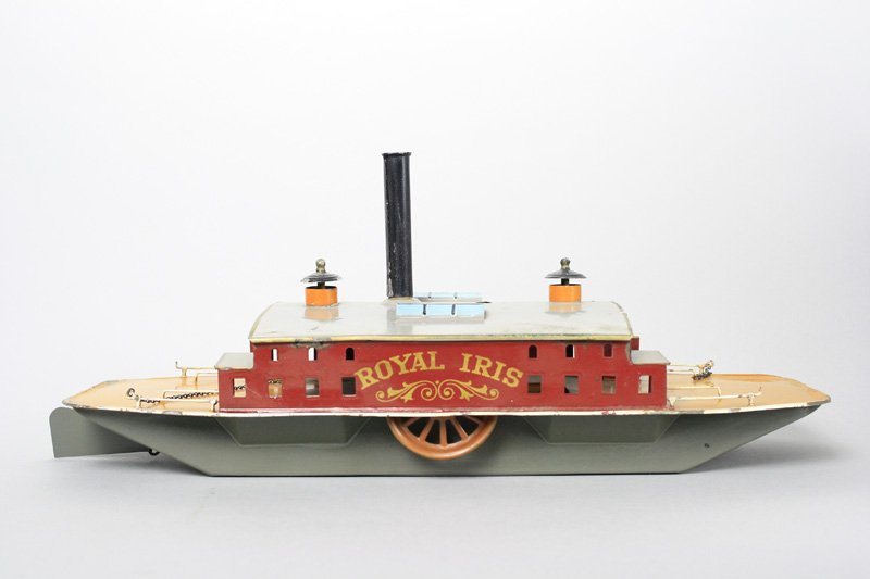 “Royal Iris” Ferry Boat Gebruder Bing: Germany - Circa 1915 - 16” Long This is an immaculate condition ferry boat by Bing. We have not seen another named “Royal Iris”. It works well. Material: Tin -