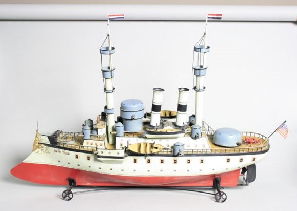 “New York” Ram Front Battleship: Gebruder Marklin - Germany - Circa 1902 - 36” Long This is an impressive large-scaled, well made, early ram front battleship by Marklin. It was found years ago in fair condition and has been lovingl