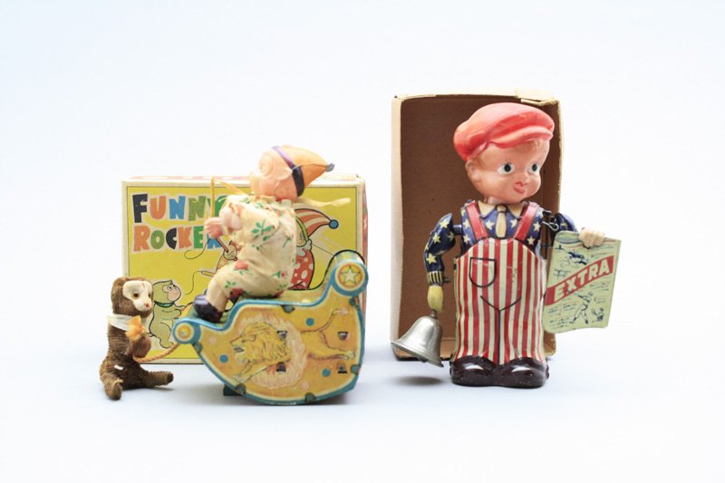 Funny Rocker / Newspaper Boy: Japanese - Circa 1950’s - 5” Long / Tall Both toys are graphic, colorful and work well. Material: Tin, Plastic and Celluloid