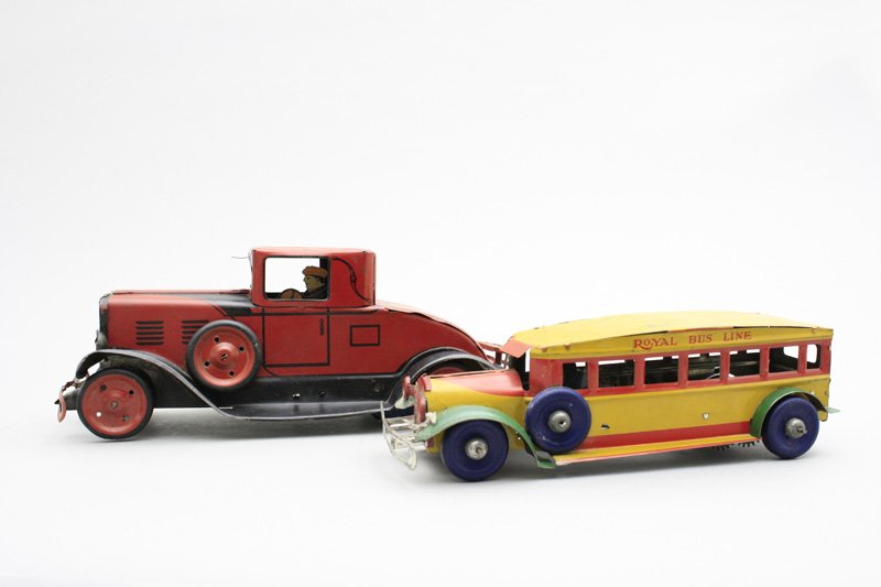Royal Bus / Red Roadster Louis Marx: New York - Circa 1935 - 10” - 12” Long Both toys work well. Material: Tin
