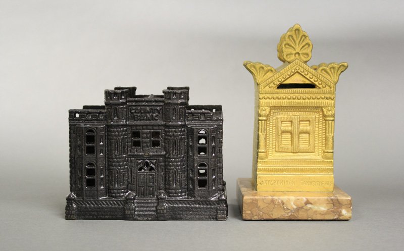 Two Building Banks: John Harper Ltd. / Unknown - Circa 1910 / 1960 Included: County Bank and Greek Post Office Bank. Material: Cast Iron / Brass on Marble Base