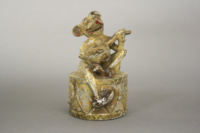 Mickey Mouse on Drum playing Mandolin: Arthur Shaw Company - Circa 1930 - 4.625” H Material: Lead