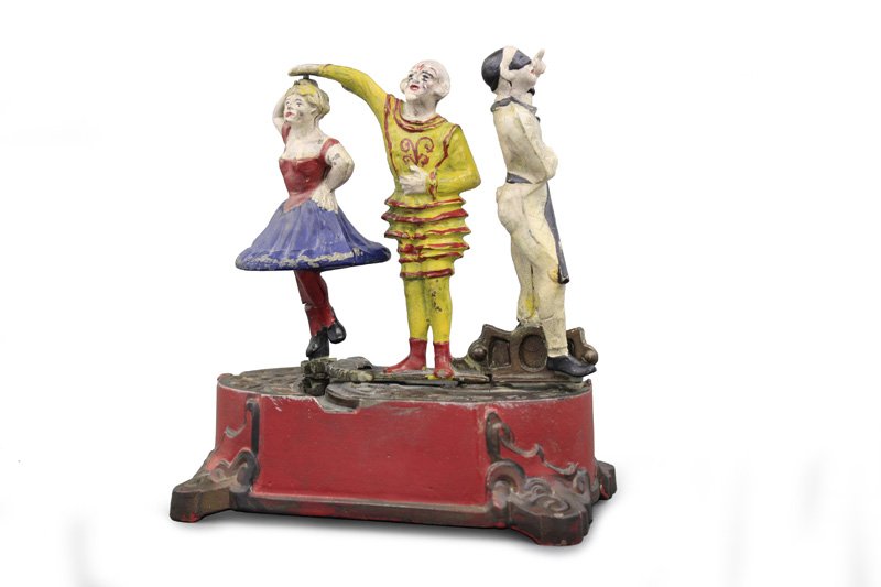 Clown, Harlequin & Columbine - 2nd Casting: American - Circa 1995 A second casting of an exceedingly rare bank. If you do not want to spend $150,000 to buy an example this is a great alternative. Material: Cast Iron