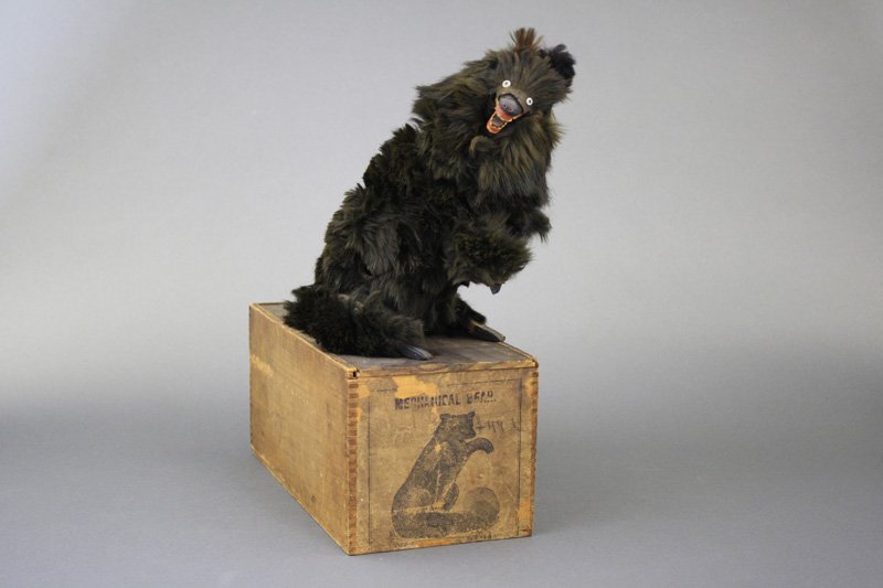 Clockwork Black Bear with Wooden Box: Ives Blakeslee Company - Connecticut - Circa 1880’s - 9” H The toy is fraying slightly, but still works well. Material: Papier mache and Fur