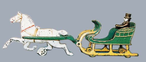CAST IRON DENT SLEIGH: Dent Sleigh - A wonderful and scarce toy made by the Dent Hardware Co. of Fullerton, PA. Made circa 1905, this toy is 16" long. Provenance: Lloyd Ralston, Pristine condition (driver's rivet loose).