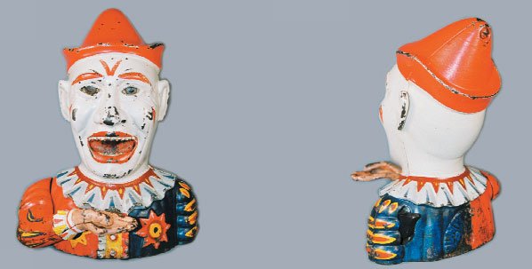 HUMPTY DUMPTY MECH. BANK SHEPARD: Humpty Dumpty - A wonderful bank made by Shepard Hardware Co. Circa 1882. Based upon an actual working clown. It is quite rare to find such a nice example. Pristine Plus condition.