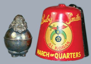 2 BANKS: FEZ & SILVER ROLY POLY SANTA: Lot (2 Banks) - Aluminum Fez "March of Quarters" and Silver Roly Poly Santa Claus dated 1925. Both made in Europe. Very fine to pristine