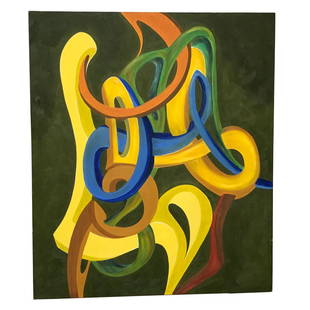 George Mullen Green & Yellow Abstract Painting: A prolific artist formerly based in Santa Barbara, George Mullen produced not only large scale paintings, but unique furniture of his own design, carved wood and bronze sculptures, silver jewelry and