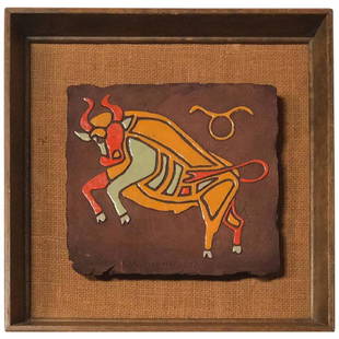 Taurus Astrological Sign Tile by Peggy Nagell: Framed terracotta tile with bull symbol representing the astrological sign Taurus and signed by artist Peggy Nagel. Price $450 Period 1960s Condition Excellent.