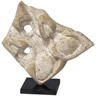 Carved Soapstone Sculpture by George Mullen: Carved soapstone abstract sculpture mounted on a granite base by multidisciplinary artist George Mullen. A prolific artist formerly based in Santa Barbara, George Mullen produced not only