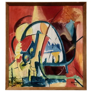 Complex Abstract Oil Painting by Bert Miripolsky: Abstract painting from the estate of Bert Miripolsky, 1953. American artist Miripolsky studied painting at the Chicago Art Institute in the early 1940s and has exhibited throughout the world since 194