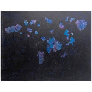 “Atomic Vibrations”Painting by Gerald Campbell: This abstract expressionist painting by Gerald Campbell features colorfully mottled, atoms-like forms with white outlines. Canvas is signed and dated by Gerald Campbell, a celebrated California