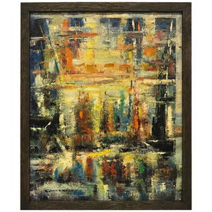 Colorful Textured Abstract by Juan Sevilla Saez: Multicolored abstract painting signed by Spanish artist Juan Sevilla Saez, born 1922. This piece is a rare departure from his usual depictions of Parisian street scenes and landscapes. He lived in