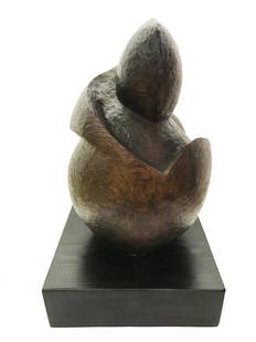 Wood Sculpture with Hammered Finish: Abstract wood sculpture with a hammered finish. Sculpture seems to depict a female figure embracing another. Price $1,600 Period 1960s Condition Excellent 