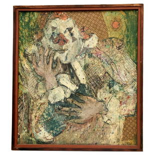 Mixed- Media Collage Painting of a Clown: Mixed-Media collage with fabric pieces. Small evidence of wear in the upper left of painting where the man’s hair is – we have detailed this in the photos. Price $1,800 Period 