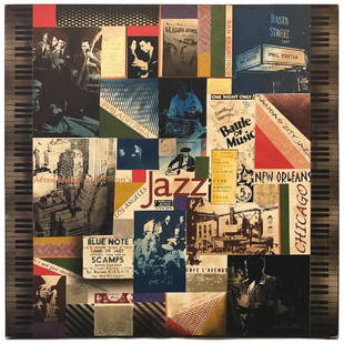 Jazz Photo-Collage On Canvas Signed Bustamante: High quality print on canvas of a collage signed Bustamante. This multicolored piece captures the energy of the jazz scene and features names of cities that had prominent jazz clubs, as well as