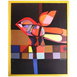 Colorful Pajaro Gordo Lithograph by Garcia Llort: Josep Maria Garcia-Llort, avant-garde Catalan painter was born in Barcelona in 1921. He died in 2003. Initially influenced by Pablo Picasso, his works were still some expressionism, with flat