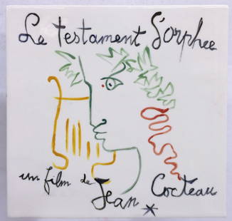 “Le Testament d’Orphee” Tile by Jean Cocteau: Vintage 1960s movie poster transcribed on a ceramic white tile in reference to the French Film by Jean Cocteau. Price $750 Condition Excellent Measurements Width 8"