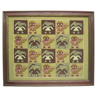 Anthropomorphic Needlepoint Tapestry: This framed needlepoint tapestry is stitched with interesting anthropomorphic figures in beige with shades of brown, cream and pink. Figures are similar to South American style folk art. Price