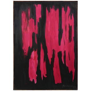 Fuschia and Black Painting by Bert Miripolsky: Abstract painting from the estate of Bert Miripolsky, 1953. American artist Miripolsky studied painting at the Art Institute of Chicago in the early 1940s and has exhibited throughout the world since