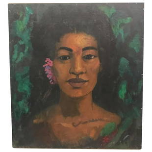 Woman With Flower Oil Painting: Oil painting of a woman with flower in her hair that seems to be inspired by the work of the painter Gauguin. Resembles a Polynesian or even Latin woman. The back says “Jesusita” which can either