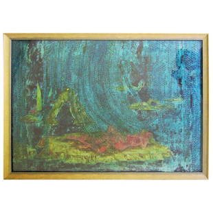 Atmospheric Watercolor by Isis Lully: This atmospheric watercolor by Isis Lily depicts a couple in repose partially concealed by intricate patterning. Lully (b. Switzerland 1936) has spent most of her successful career in Paris. The paint