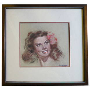 Albert Genta MCM French Portrait of a Young Woman: Beautiful work of art created with pastels on paper from the 1940’s and signed A. Genta at lower right corner. An articulate execution of a young woman’s face capturing the essence of light. The w